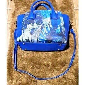 Honolulu Blue Vegan Leather Satchel Crossbody Tropical Palm Print Purse Gold